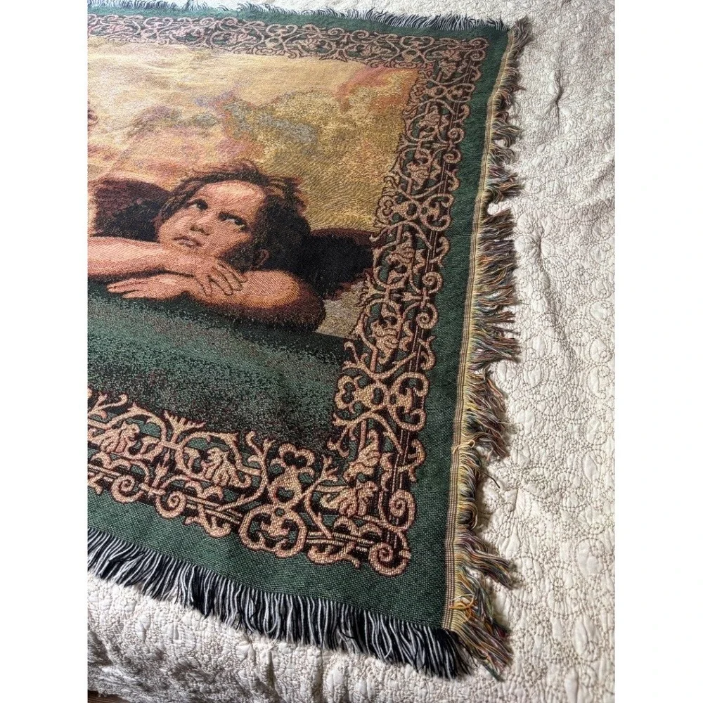 Vintage Raphael Cherub Woven Tapestry Throw Blanket Multicolor Fringed EUC